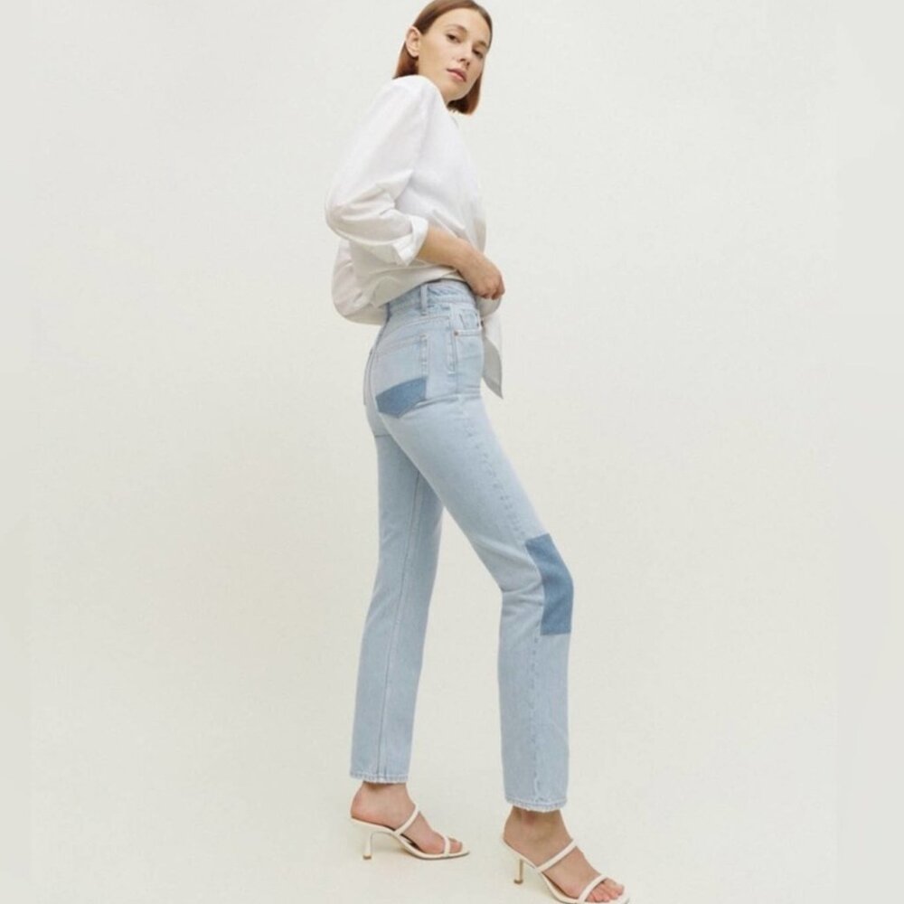 Reformation Cynthia High Rise Straight Leg Patch Jeans Tahoe Light Wash 26 - Picture 15 of 16